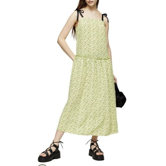 New TOPSHOP Floral Print Drop Waist Midi Dress in Lime - Picture 5 of 9